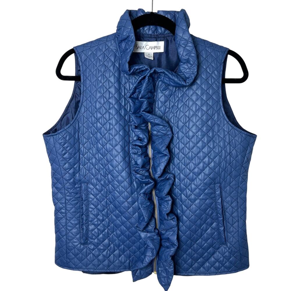 Sara Campbell Quilted Ruffle Front Vest Navy Size Medium Preppy Classic